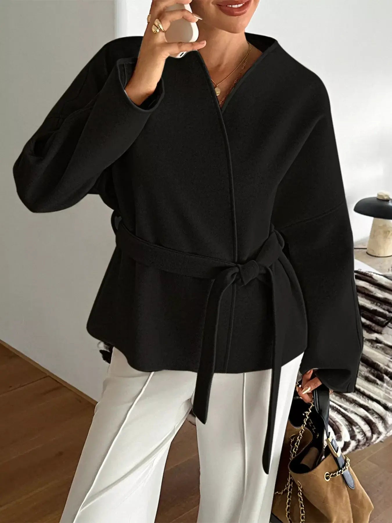 Surplice Dropped Shoulder Tie Belt Outerwear - Trendsi - Flyclothing LLC