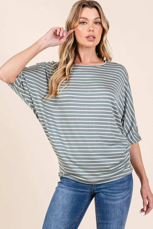 BOMBOM Striped Boat Neck Dolman Sleeve Top - Trendsi - Flyclothing LLC