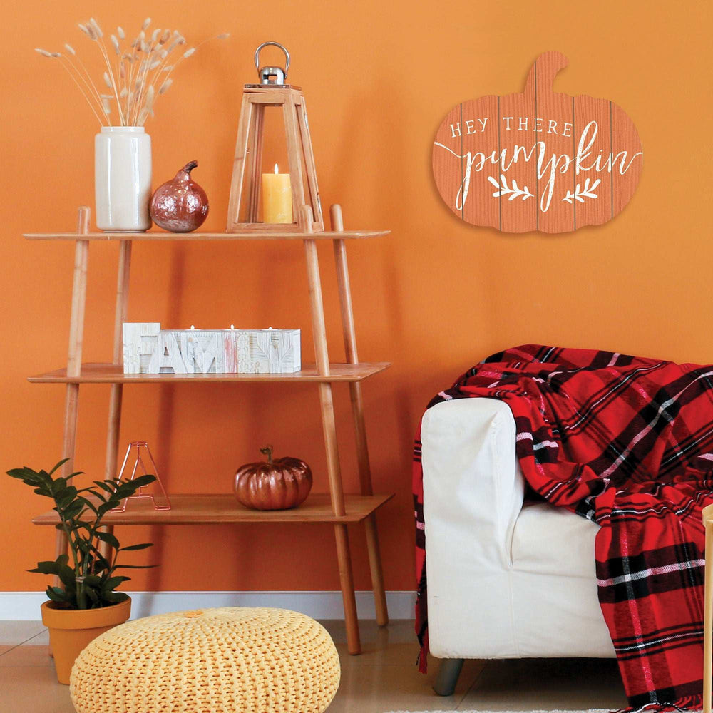 Orange and White Hey There Pumpkin Shaped Wall Art - Homeroots - Flyclothing LLC