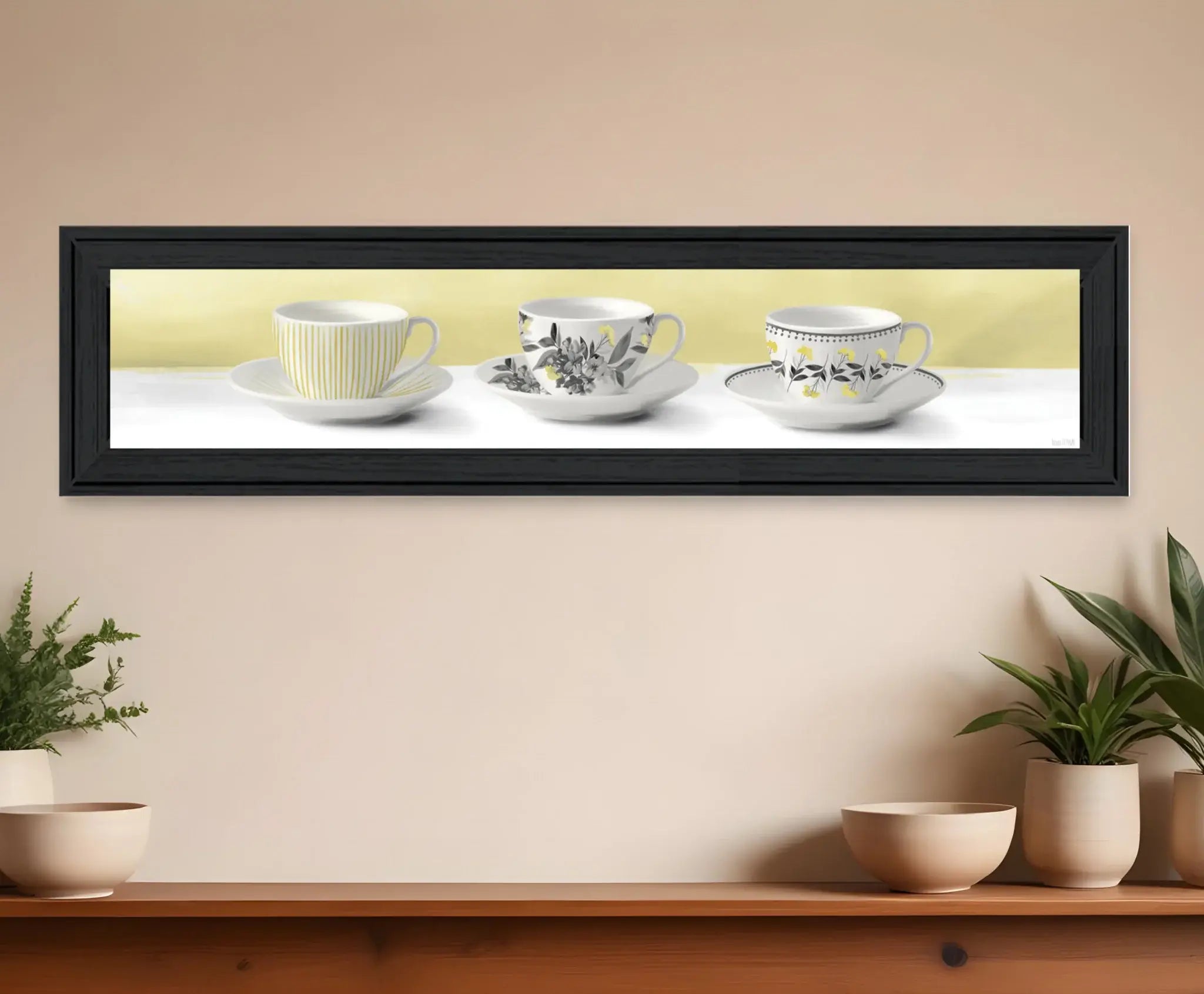 Stack of Tea CupsYellow Black Framed Print Kitchen Wall Art - Homeroots - Flyclothing LLC