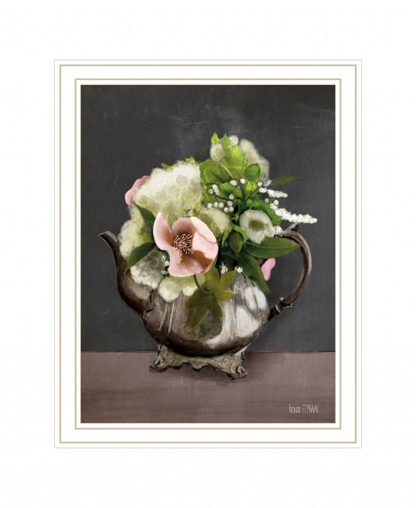 Vintage Floral Tea Pot 3 White Framed Print Kitchen Wall Art - Homeroots - Flyclothing LLC