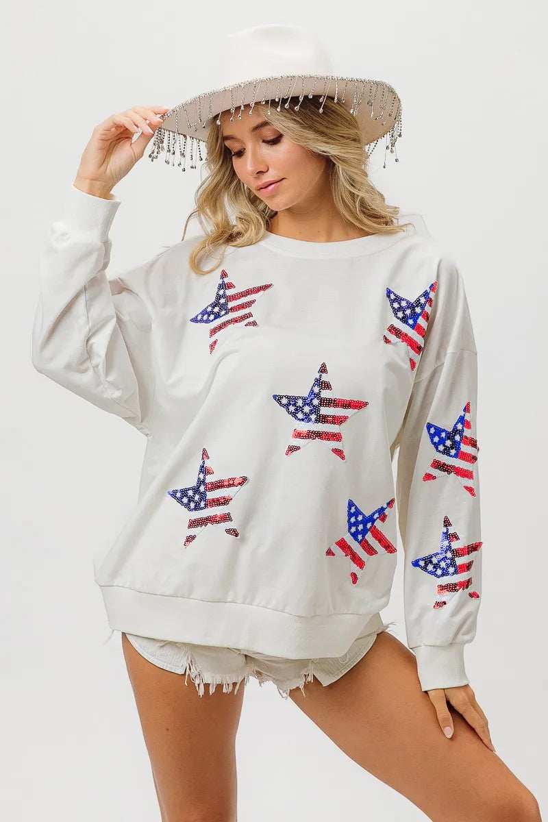BiBi American Flag Sequin Star Sweatshirt - Trendsi - Flyclothing LLC