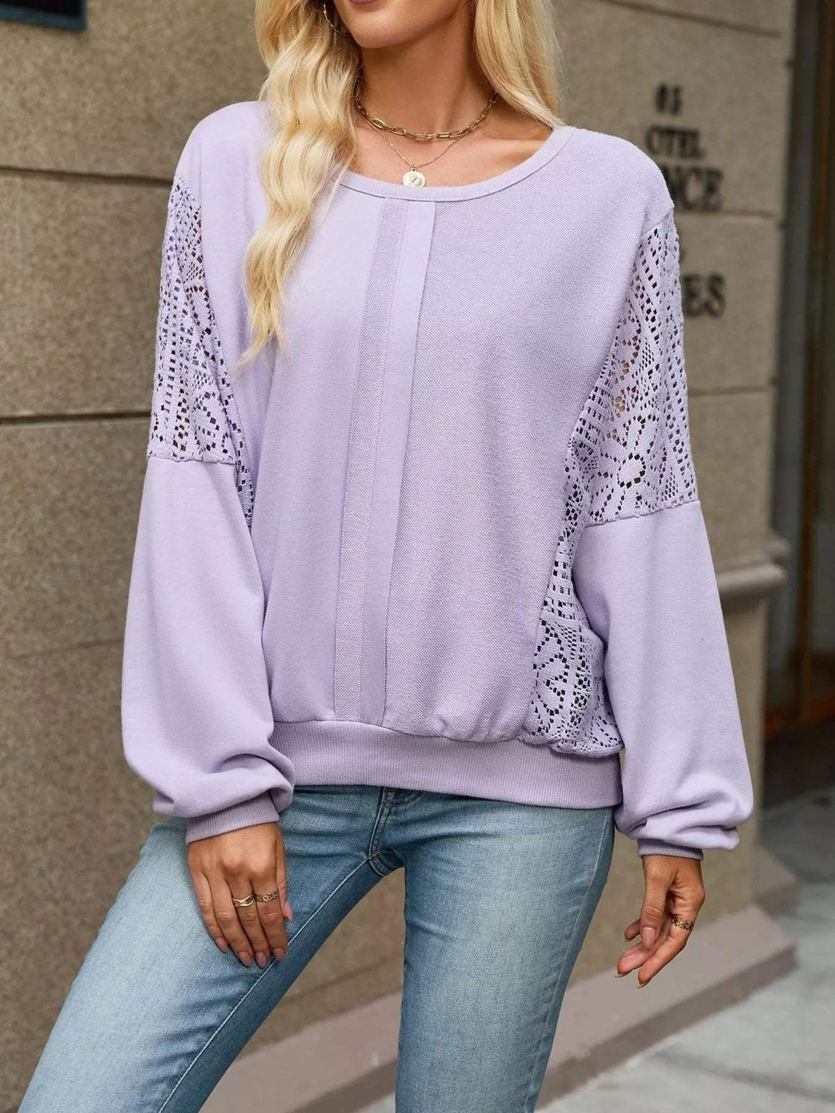 Lace Sleeve Crew Neck Sweatshirt - Trendsi - Flyclothing LLC