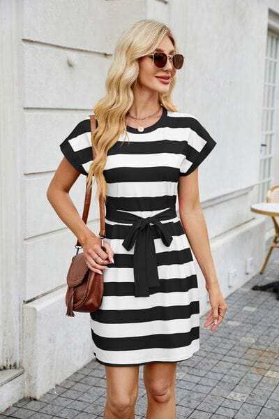 Tied Contrast Striped Short Sleeve Mini Tee Dress - Trendsi - Flyclothing LLC