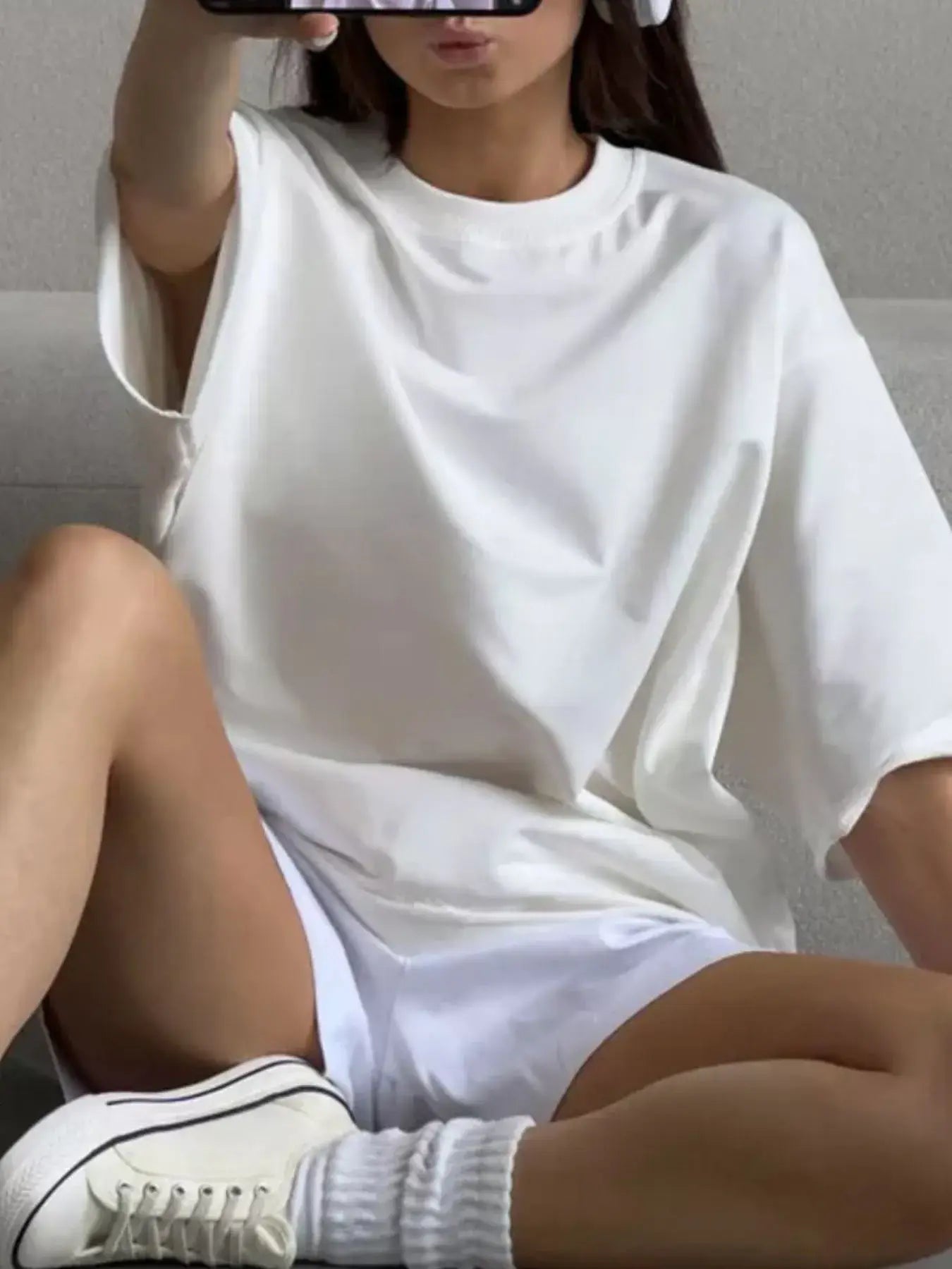 Round Neck Half Sleeve Oversized T-Shirt - Trendsi - Flyclothing LLC
