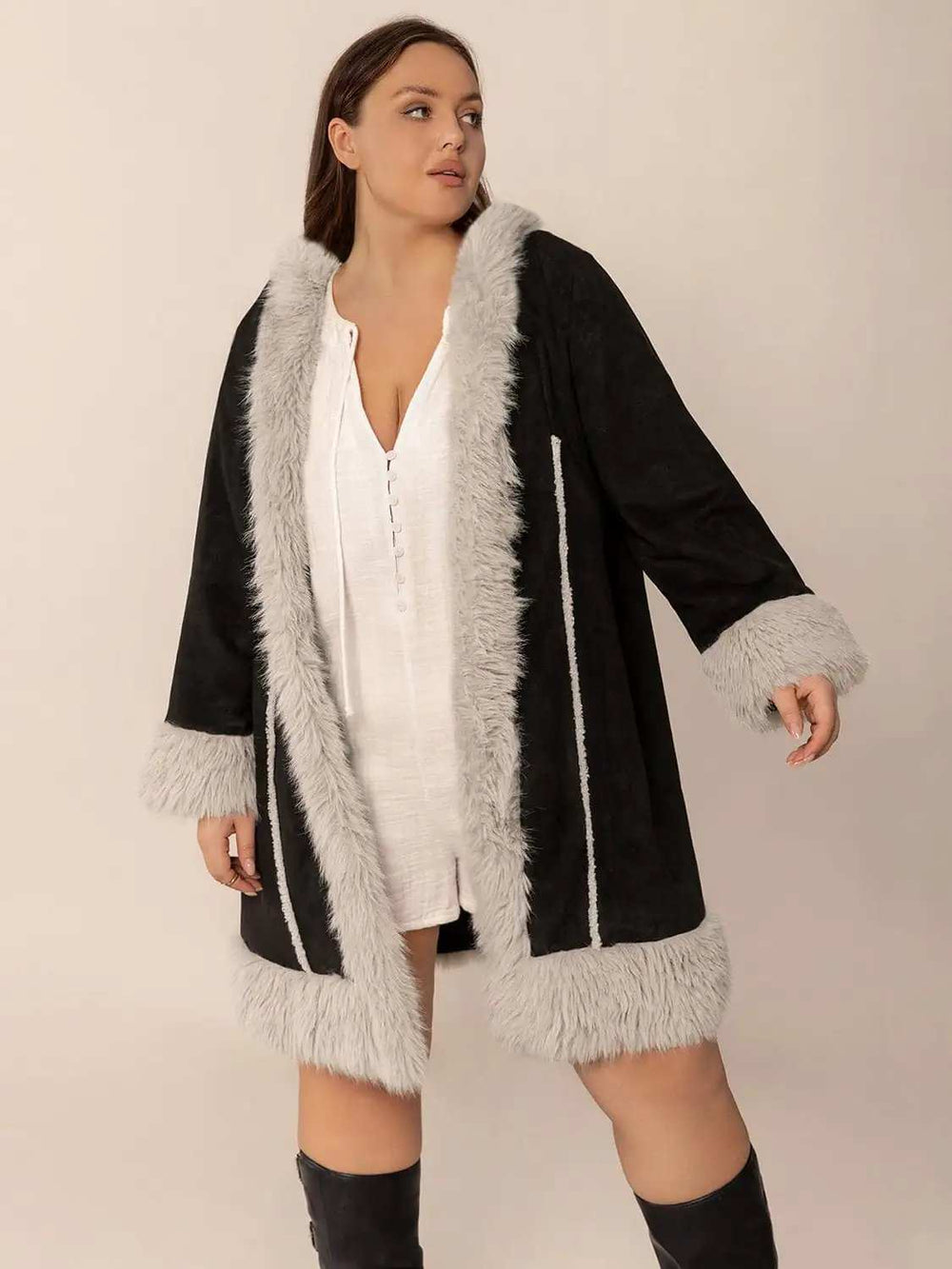 Plus Size Fuzzy Trim Open Front Long Sleeve Hooded Coat - Trendsi - Flyclothing LLC