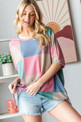 HOPELY Full Size Checkered Round Neck Side Slit T-Shirt - Trendsi