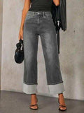 High Waisted Straight Leg Rolled Jeans - Trendsi - Flyclothing LLC