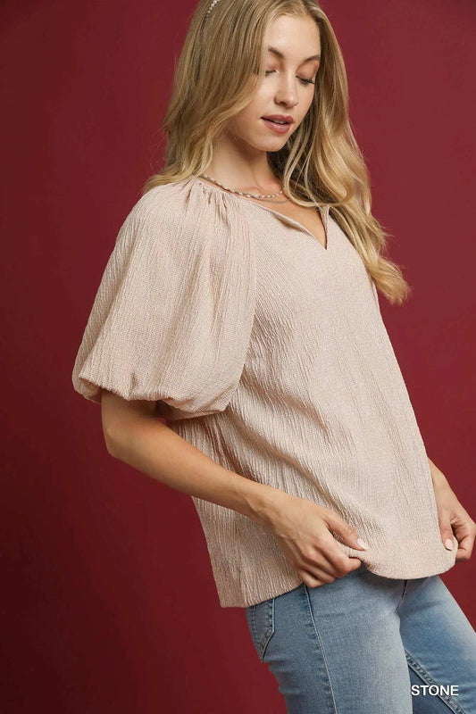 Umgee Texture Puff Sleeve Notched Blouse - Trendsi - Flyclothing LLC