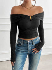 Devine Off-Shoulder Long Sleeve T-Shirt - Trendsi