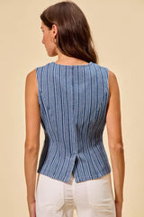SO ME Stripe Slim Fit Button Front Denim Vest Top - Trendsi - Flyclothing LLC