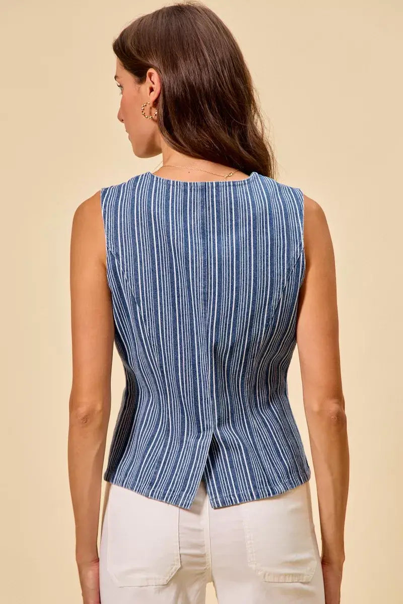 SO ME Stripe Slim Fit Button Front Denim Vest Top - Trendsi - Flyclothing LLC