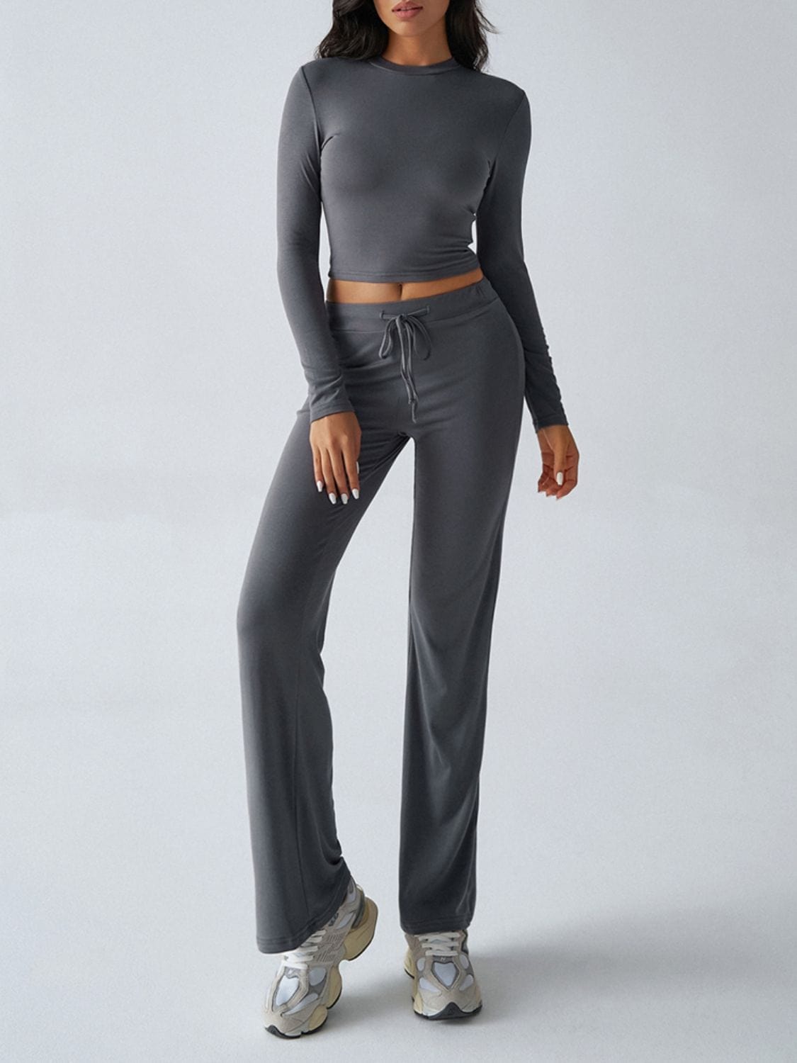 Devine Round Neck Long Sleeve Top and Drawstring Pants Set - Trendsi