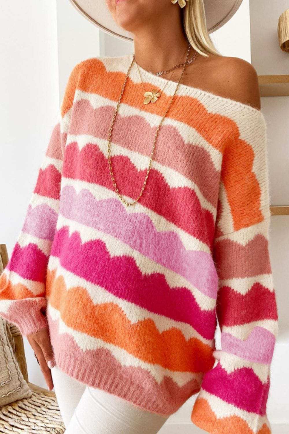 Contrast Boat Neck Long Sleeve Sweater - Trendsi - Flyclothing LLC