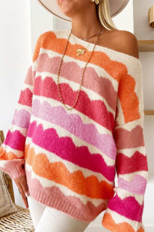 Contrast Boat Neck Long Sleeve Sweater - Trendsi - Flyclothing LLC