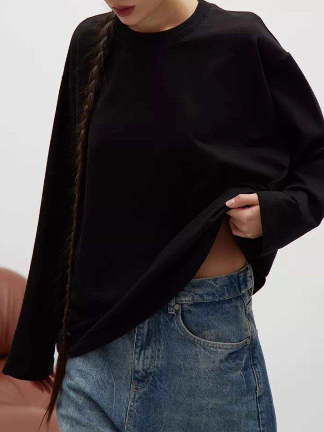 Round Neck Dropped Shoulder Long Sleeve T-Shirt - Trendsi - Flyclothing LLC