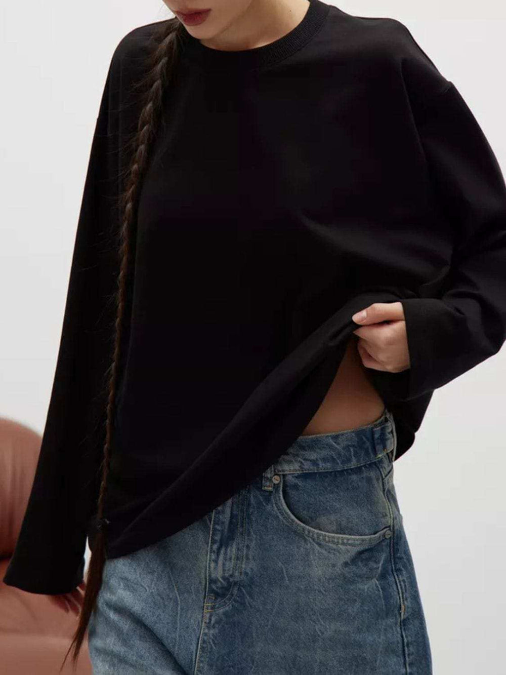 Round Neck Dropped Shoulder Long Sleeve T-Shirt - Trendsi - Flyclothing LLC