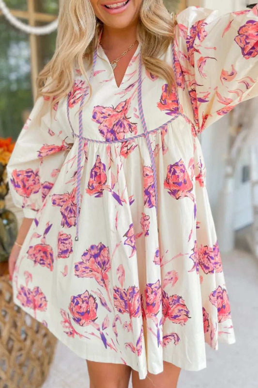 Tied Flower Printed Three-Quarter Sleeve Dress - Trendsi - Flyclothing LLC