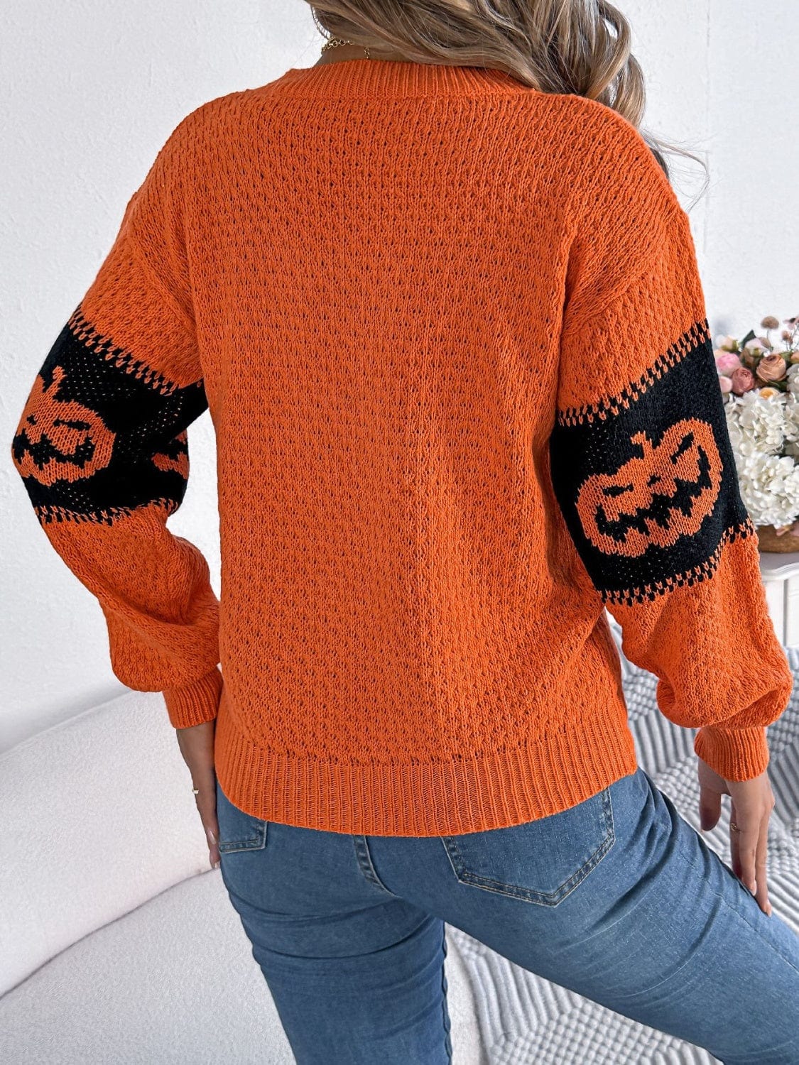 Pumpkin Round Neck Long Sleeve Sweater - Trendsi