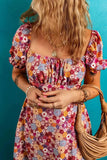 Floral Puff Sleeve Square Neck Knot Open Back Mini Dress - Trendsi