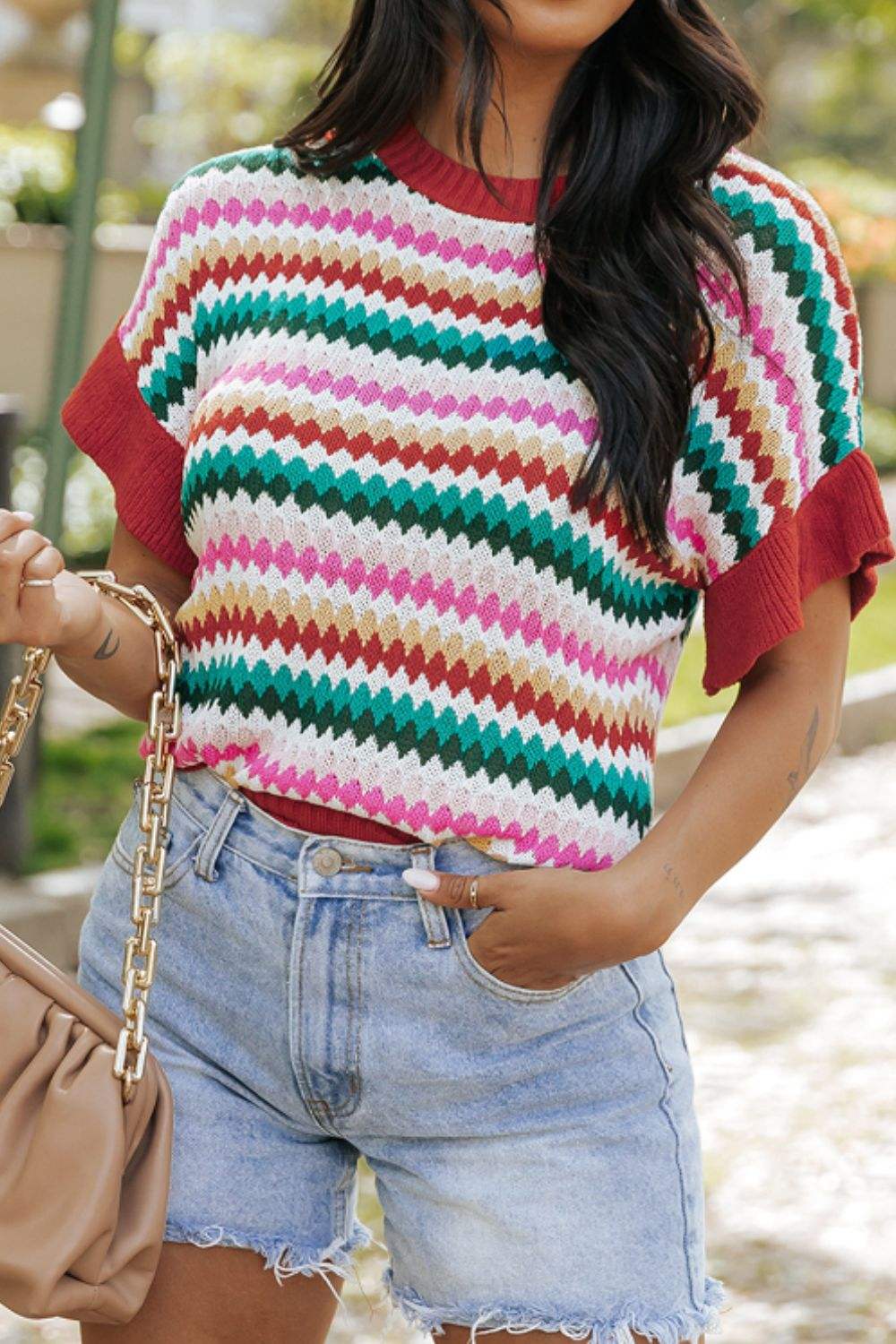 Contrast Round Neck Short Sleeve Sweater - Trendsi - Flyclothing LLC