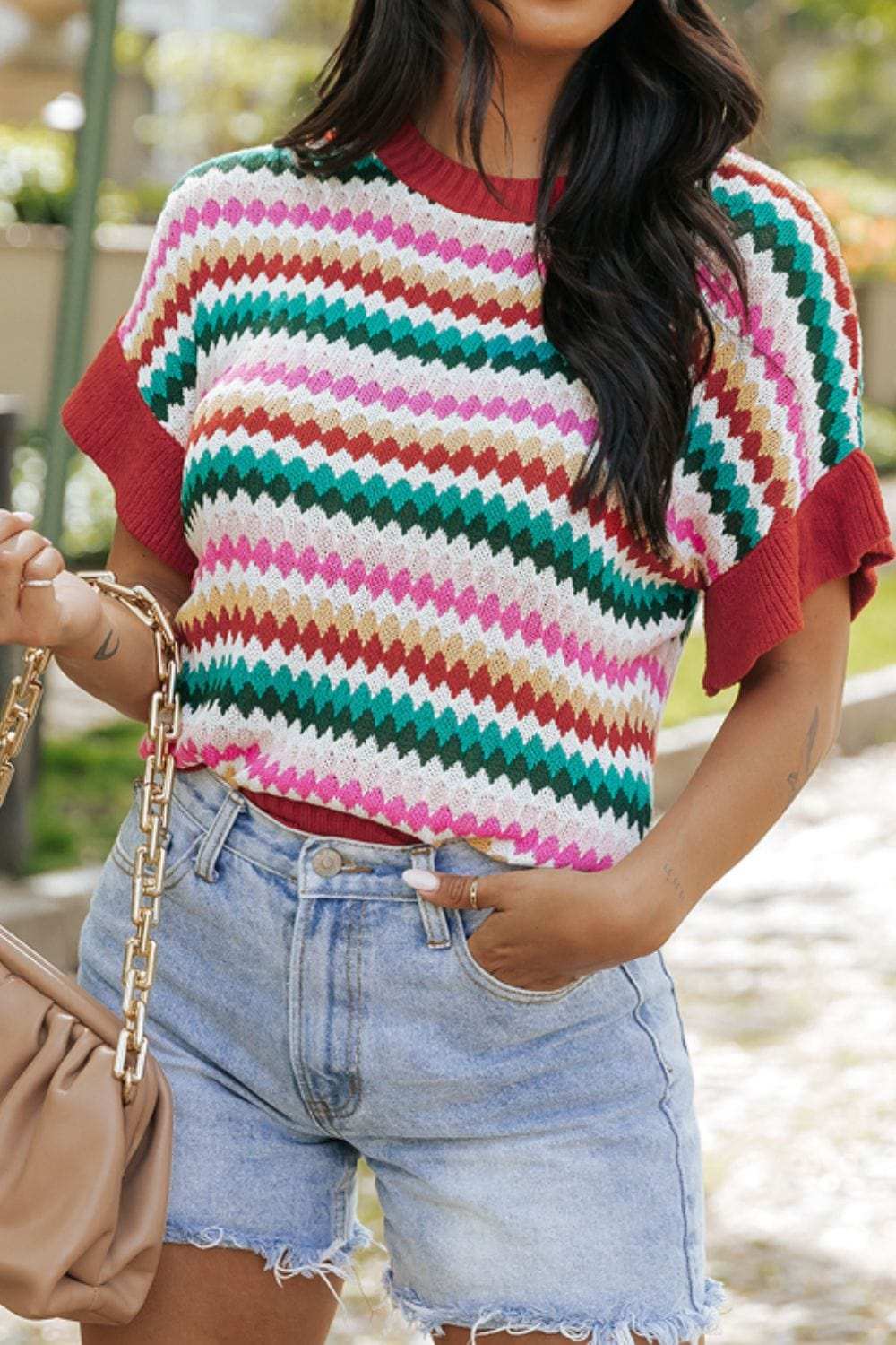 Contrast Round Neck Short Sleeve Sweater - Trendsi - Flyclothing LLC