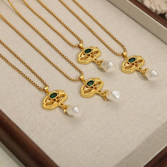 Freshwater Pearl Titanium Steel Geometric Necklace - Trendsi