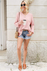 Waffle-Knit V-Neck Long Sleeve Top - Trendsi - Flyclothing LLC