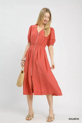 Umgee Zip-Front Smocked Waist Midi Dress - Trendsi - Flyclothing LLC