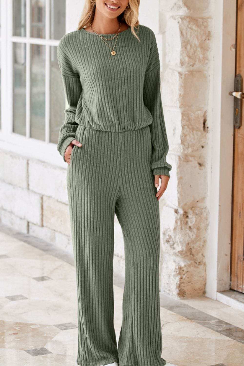 Round Neck Long Sleeve Jumpsuit - Trendsi - Flyclothing LLC