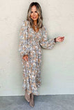 Printed V-Neck Long Sleeve Dress - Trendsi - Flyclothing LLC