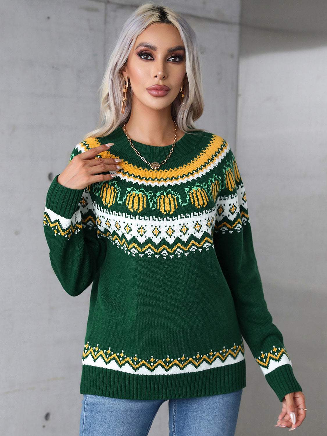 Angel Wings Geometric Round Neck Long Sleeve Sweater - Trendsi - Flyclothing LLC