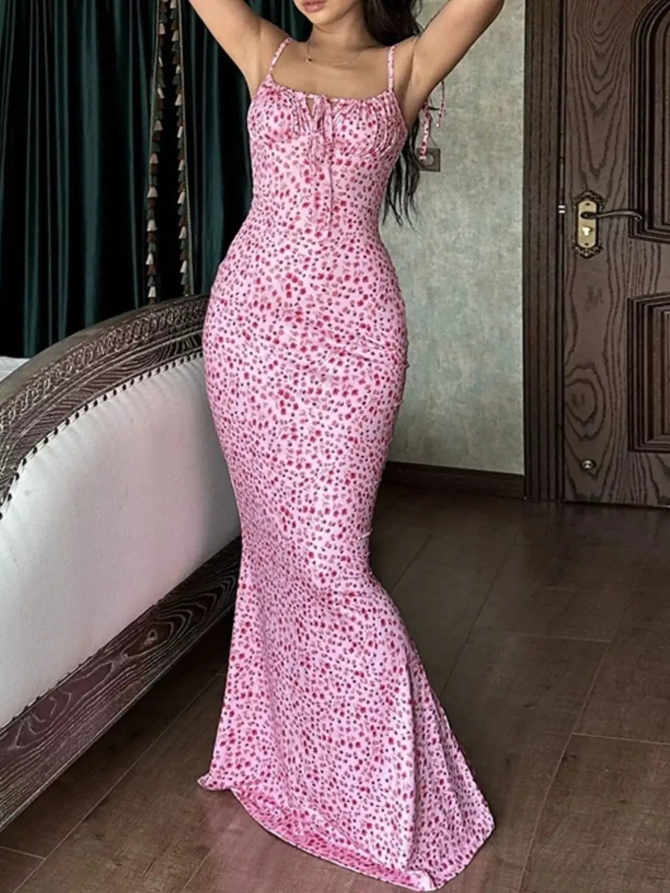 Floral Print Tie Strap Bodycon Maxi Dress - Trendsi - Flyclothing LLC