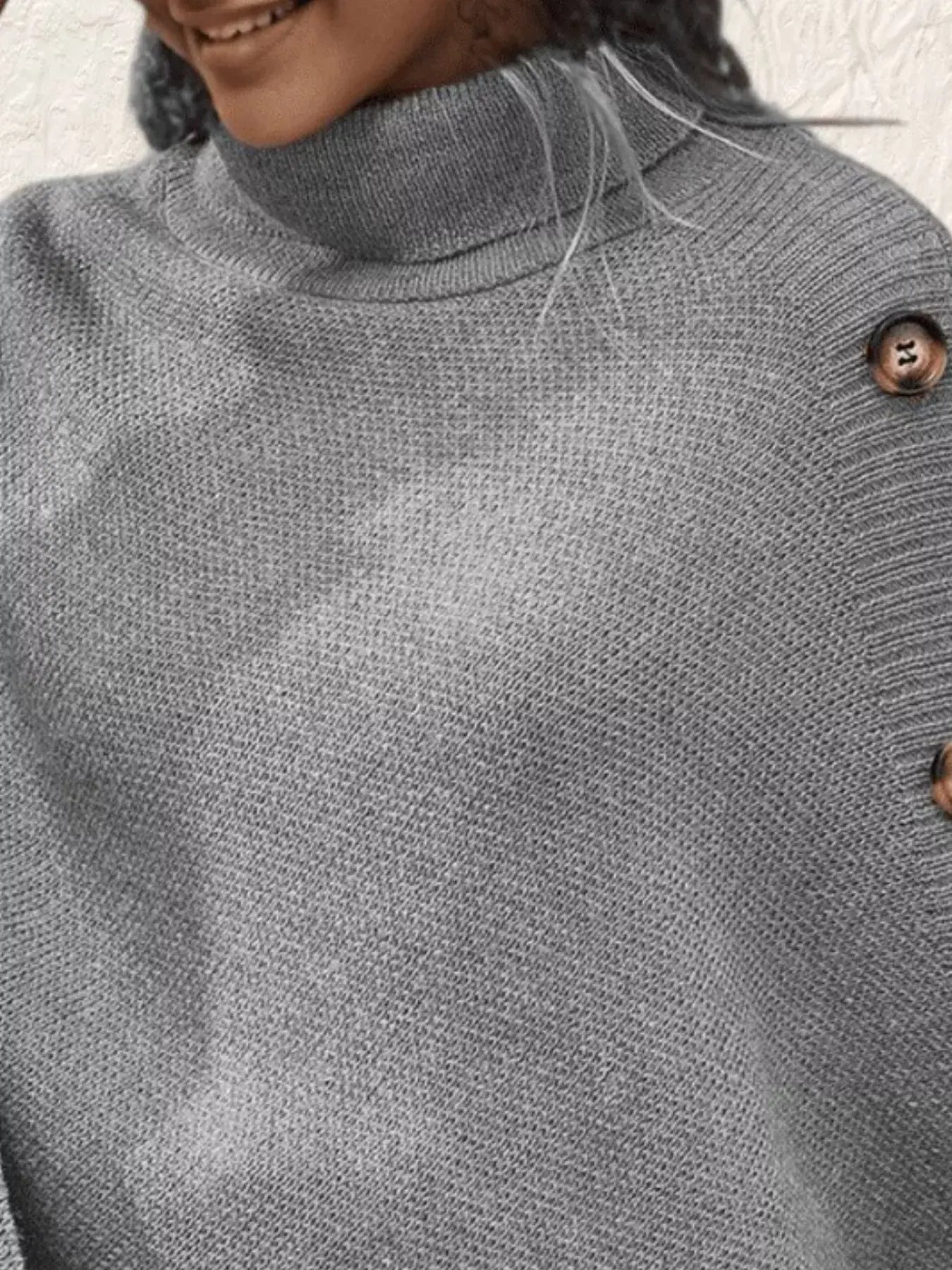 Button-Decor Turtleneck Poncho Pullover - Trendsi - Flyclothing LLC
