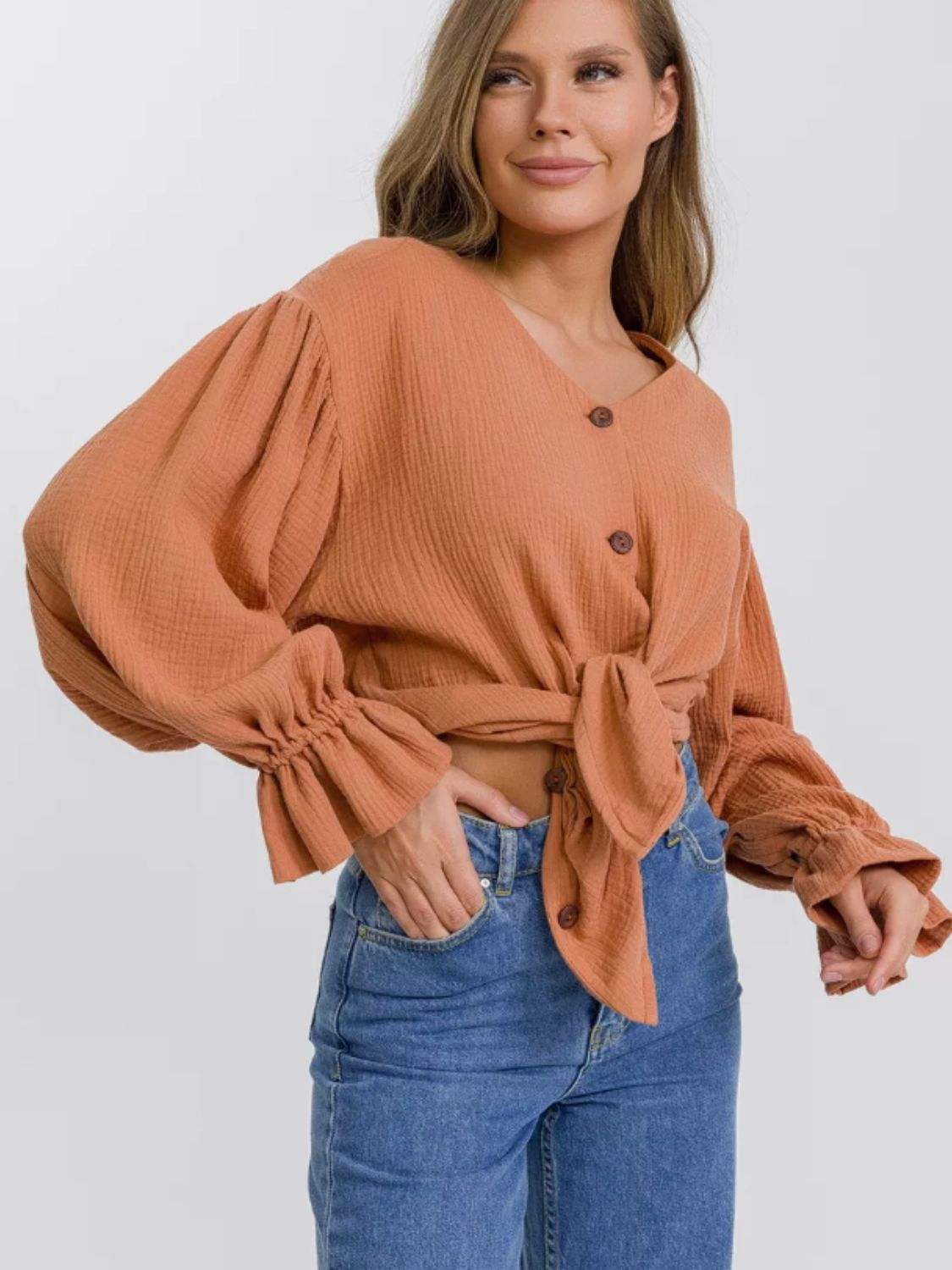 Button Up Flounce Sleeve Shirt - Trendsi - Flyclothing LLC