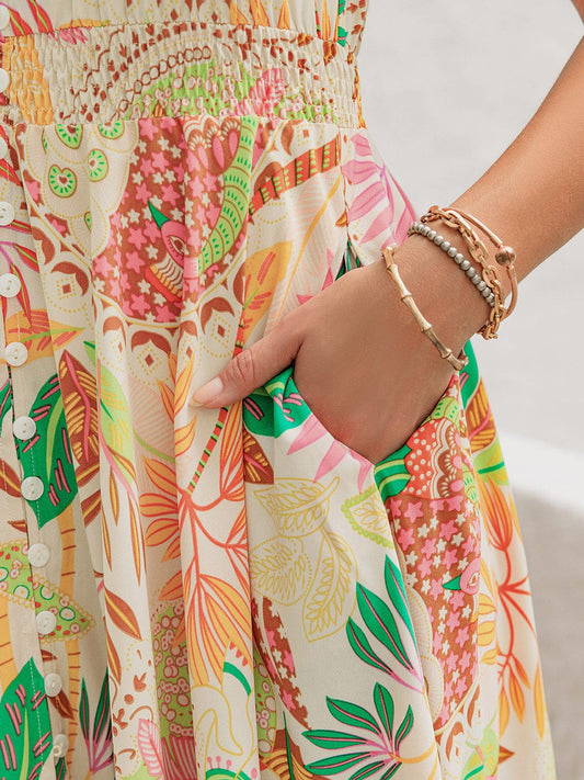 Printed V-Neck Short Sleeve Midi Dress - Trendsi