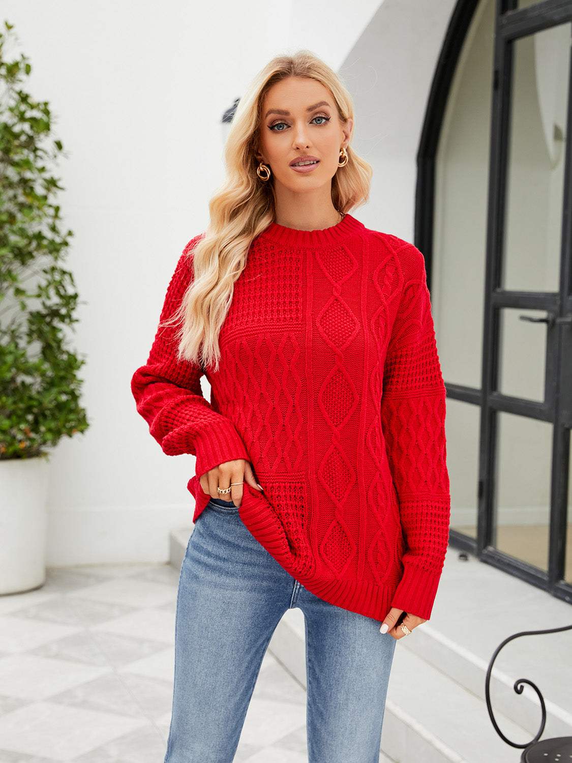 Round Neck Dropped Shoulder Sweater - Trendsi - Flyclothing LLC