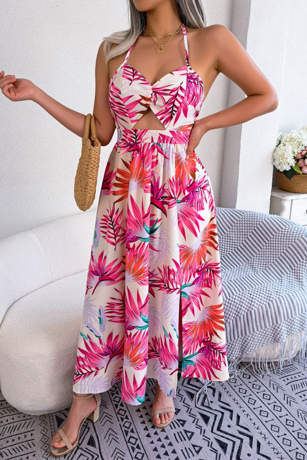 Botanical Print Tied Backless Cutout Slit Dress - Trendsi