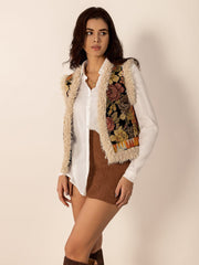 Embroidered Fuzzy Trim Open Front Vest Coat - Trendsi