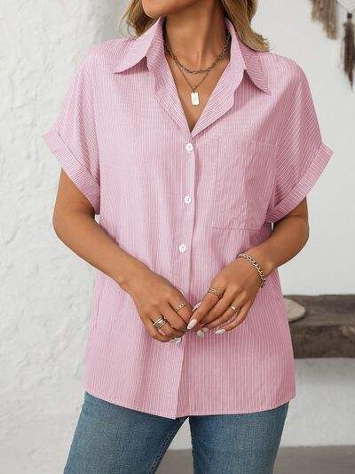 Mandy Pocketed Striped Collared Neck Short Sleeve Shirt - Trendsi - Flyclothing LLC