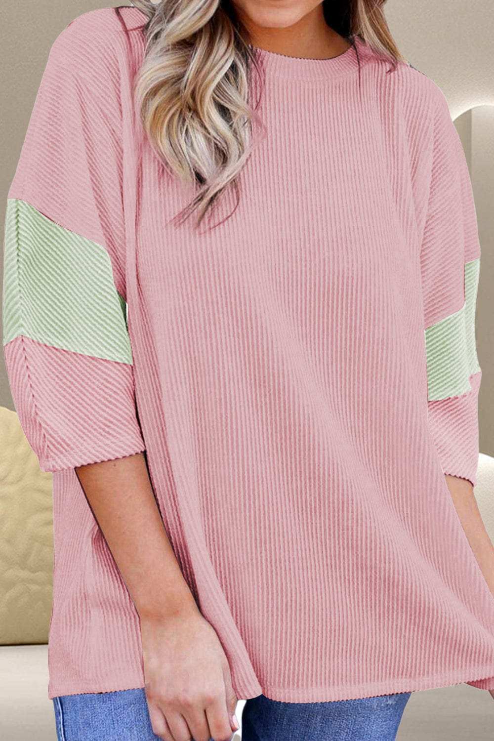 Color Block Round Neck Three-Quarter Sleeve Blouse - Trendsi - Flyclothing LLC