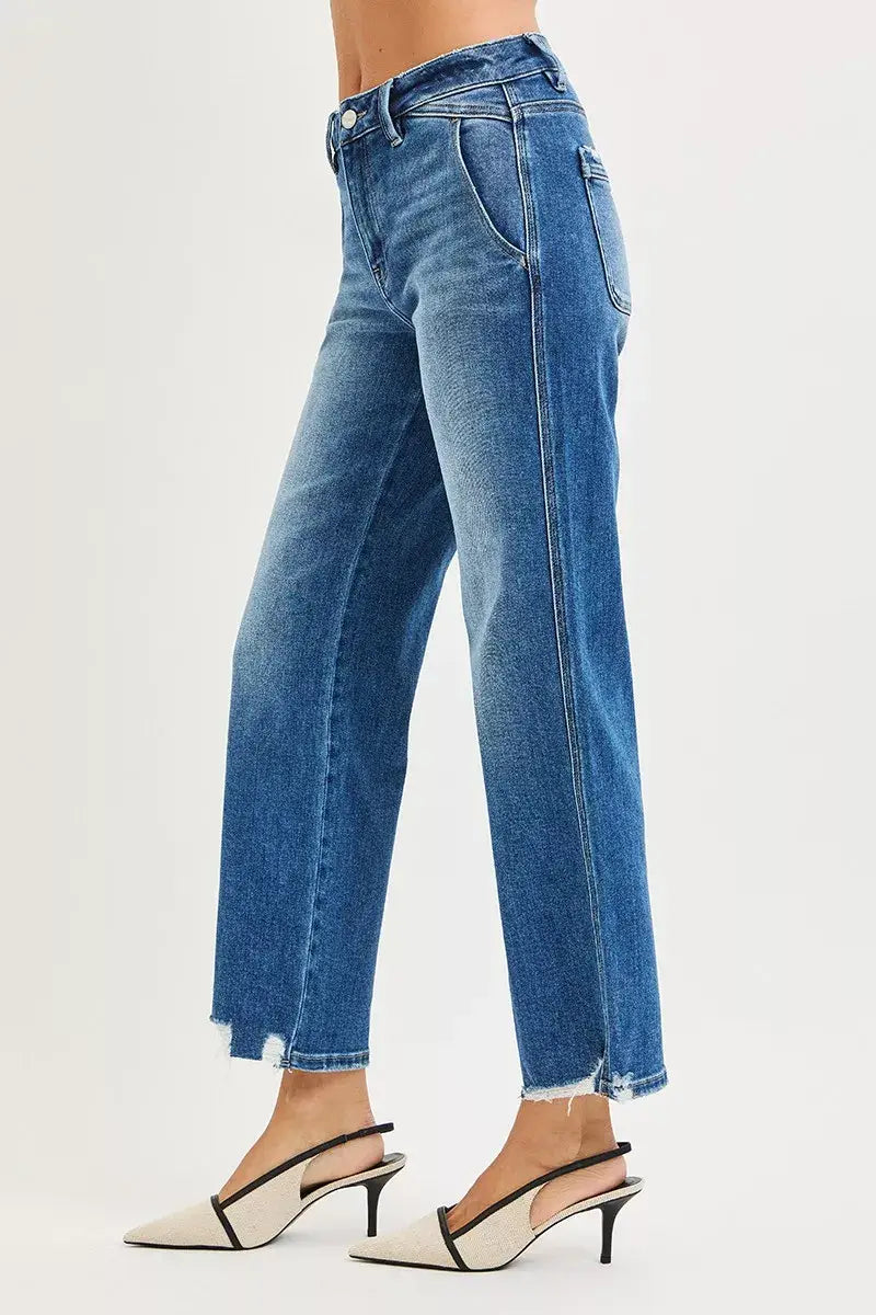 RISEN High Rise Ankle Straight Distressed Hem Detail Jeans - Trendsi - Flyclothing LLC