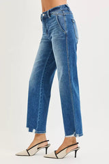 RISEN High Rise Ankle Straight Distressed Hem Detail Jeans - Trendsi - Flyclothing LLC