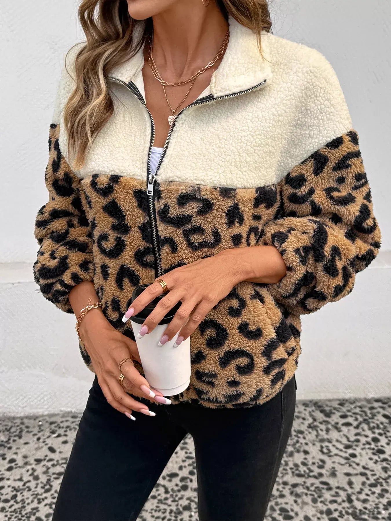 Leopard Zip Up Fleece Jacket - Trendsi - Flyclothing LLC