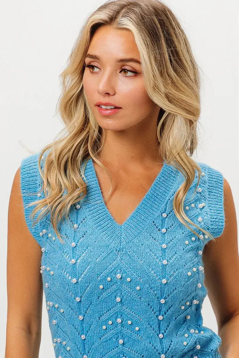 BiBi Chevron Pointelle Pearl Knit Top - Trendsi - Flyclothing LLC