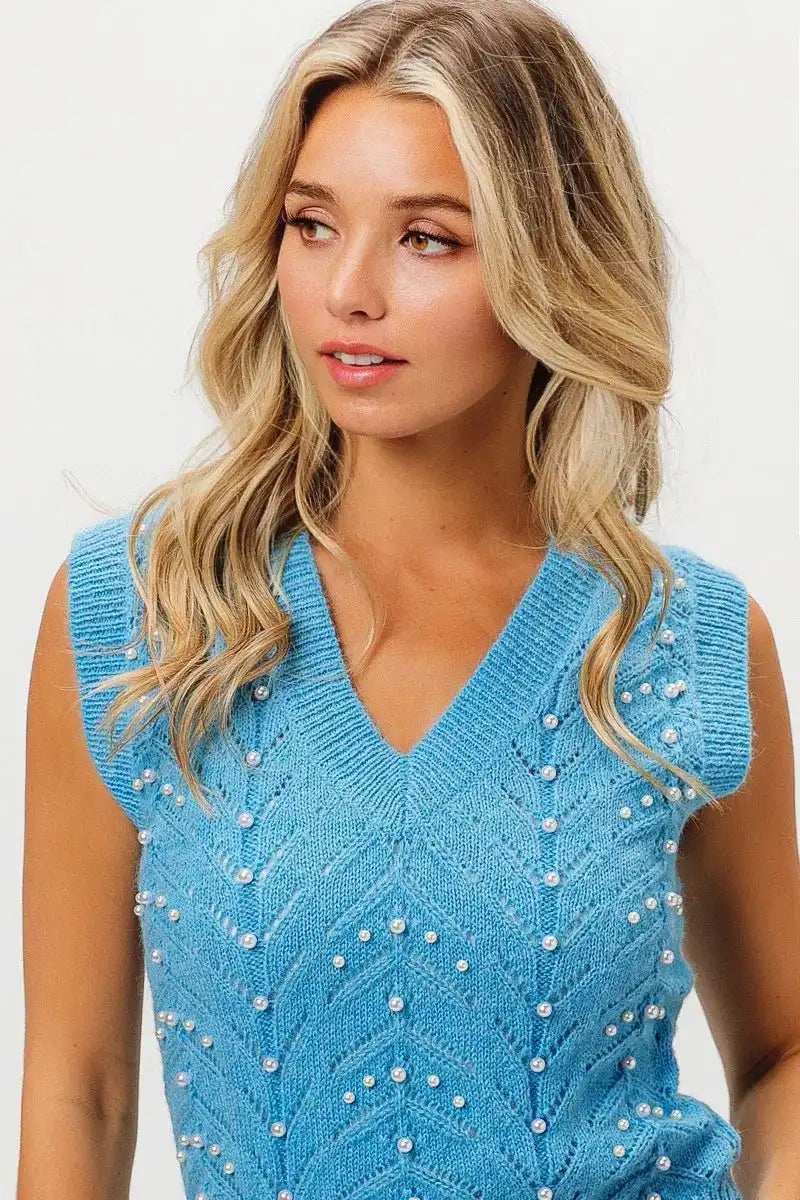 BiBi Chevron Pointelle Pearl Knit Top - Trendsi - Flyclothing LLC