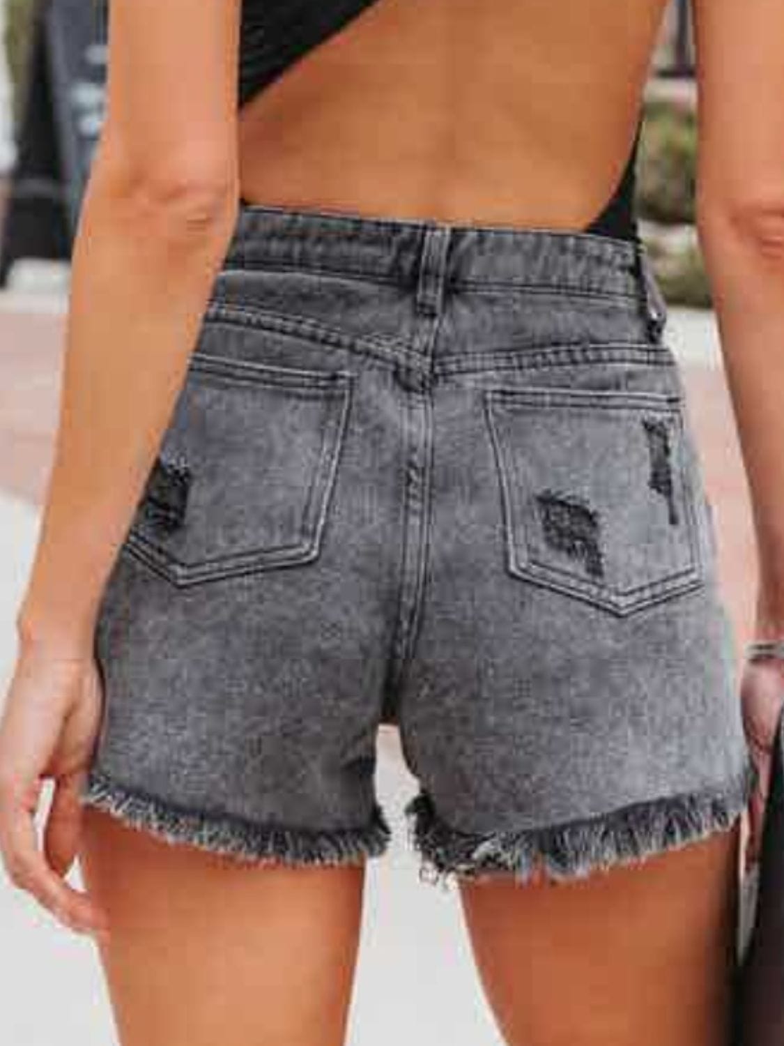 Distressed Fringe Denim Shorts with Pockets - Trendsi