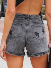Distressed Fringe Denim Shorts with Pockets - Trendsi