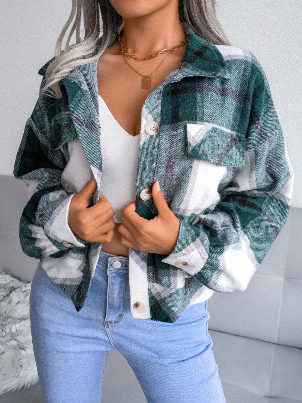 Plaid Collared Neck Long Sleeve Jacket - Trendsi - Flyclothing LLC