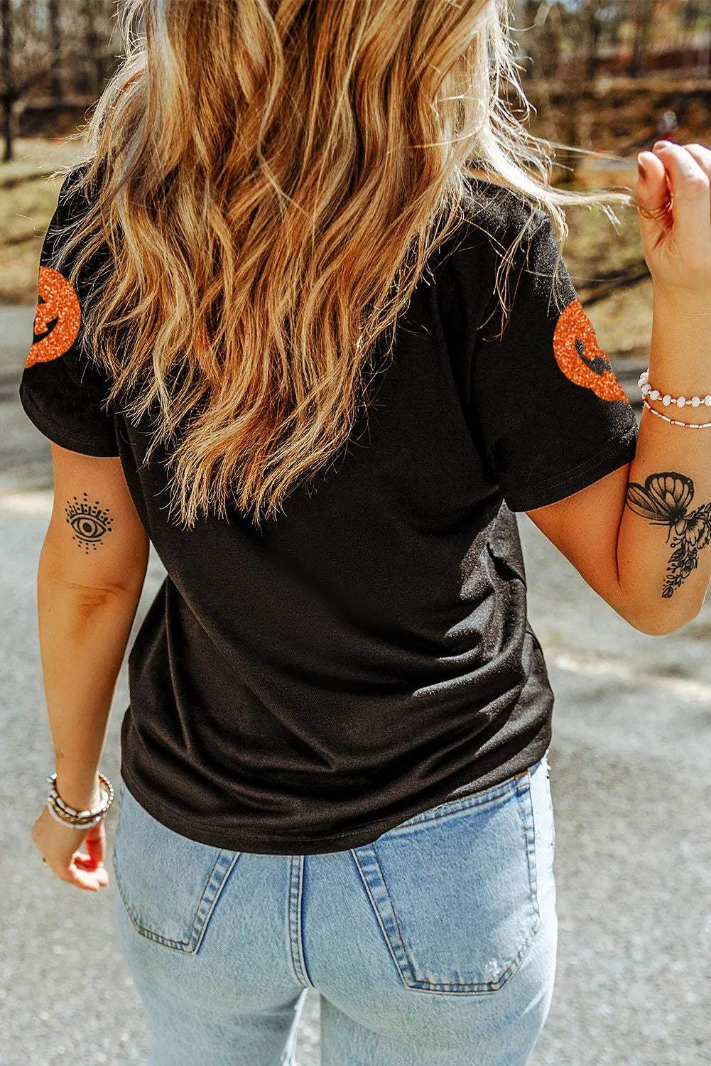 Full Size Glitter Jack-O'-Lantern Round Neck Short Sleeve T-Shirt - Trendsi - Flyclothing LLC